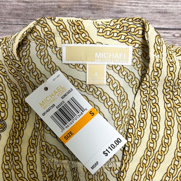 Michael Kors Ivory Gold Chain Print Surplice Hi Lo 3/4 Sleeve V Neck Top Small - Picture 8 of 9